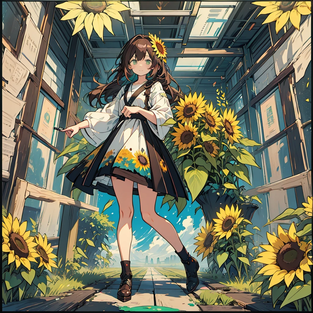 kawaii, anime, Cute, hyper quality, highly detailed, 16k, Front facing, Clarity, full body, one girl, stain the whole thing with colorful ink, brown long hair, green eyes, paint color, countless sunflowers, surrounded by sunflowers, Trapped inside a Van Gogh painting, ephemeral, paint, paint, brush, live inside the canvas, art supplies, oil, wonder, mysterious, rainbow colored sunflowers, Richly colored, Brightly colored sunflowers, highlight on eyes, long hair, splattered ink, scribble, countless handwritings, color palette, dark brown hair, long hair flowing, Draw eyes clearly, art, taken in by sunflowers,