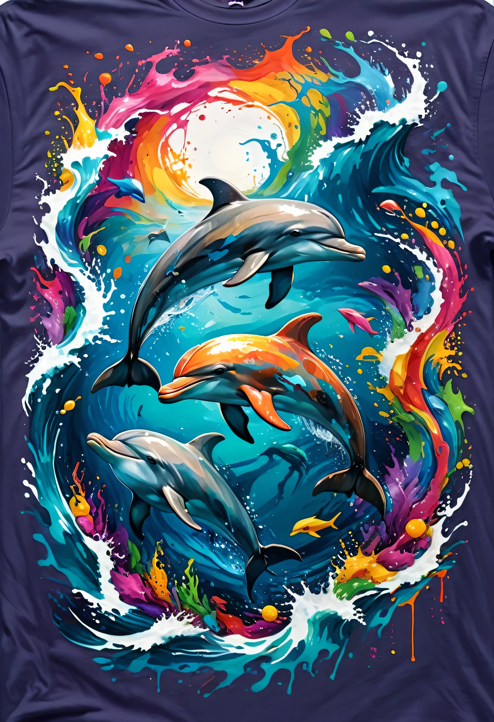 A t-shirt with a colorful illustration of dolphins in the middle of the sea, At the center, swirly vibrant colors, paint splashes and smears, ultra details, 32K Quality,Remove background (work of art, best qualityer, proffesional, perfect composition, very aesthetic, absurdrez, super verbose, details Intricate:1.3)