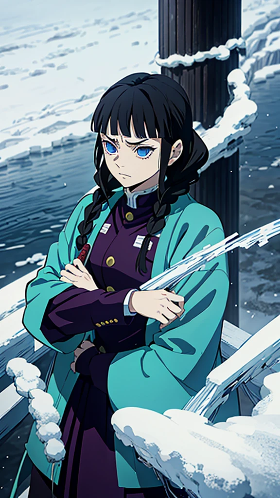 Kimetsu no Yaiba style, 1 mature, girl, blue eyes, a hashira, pretty, long dark brown hair in braids, curtain bangs, annoyed expression, noble, Pillar Demon Slayer, holding a sword, wearing demon slayer uniform, holding a blue demon slayer sword, dark and snowy background