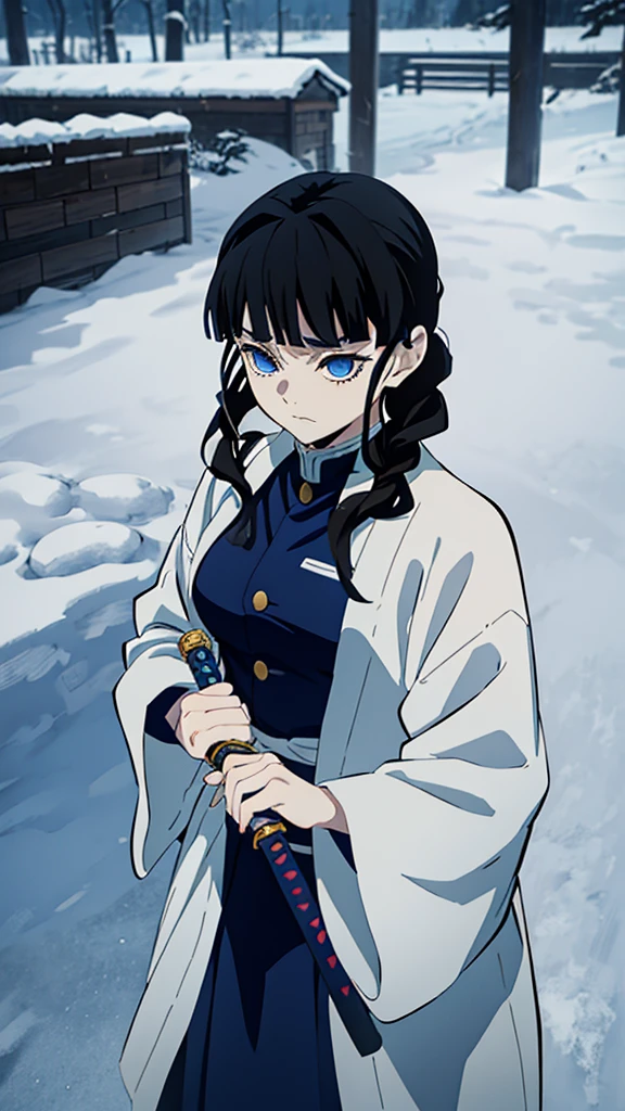 Kimetsu no Yaiba style, 1 mature, girl, blue eyes, a hashira, pretty, long dark brown hair in braids, curtain bangs, annoyed expression, noble, Pillar Demon Slayer, holding a sword, wearing demon slayer uniform, holding a blue demon slayer sword, dark and snowy background