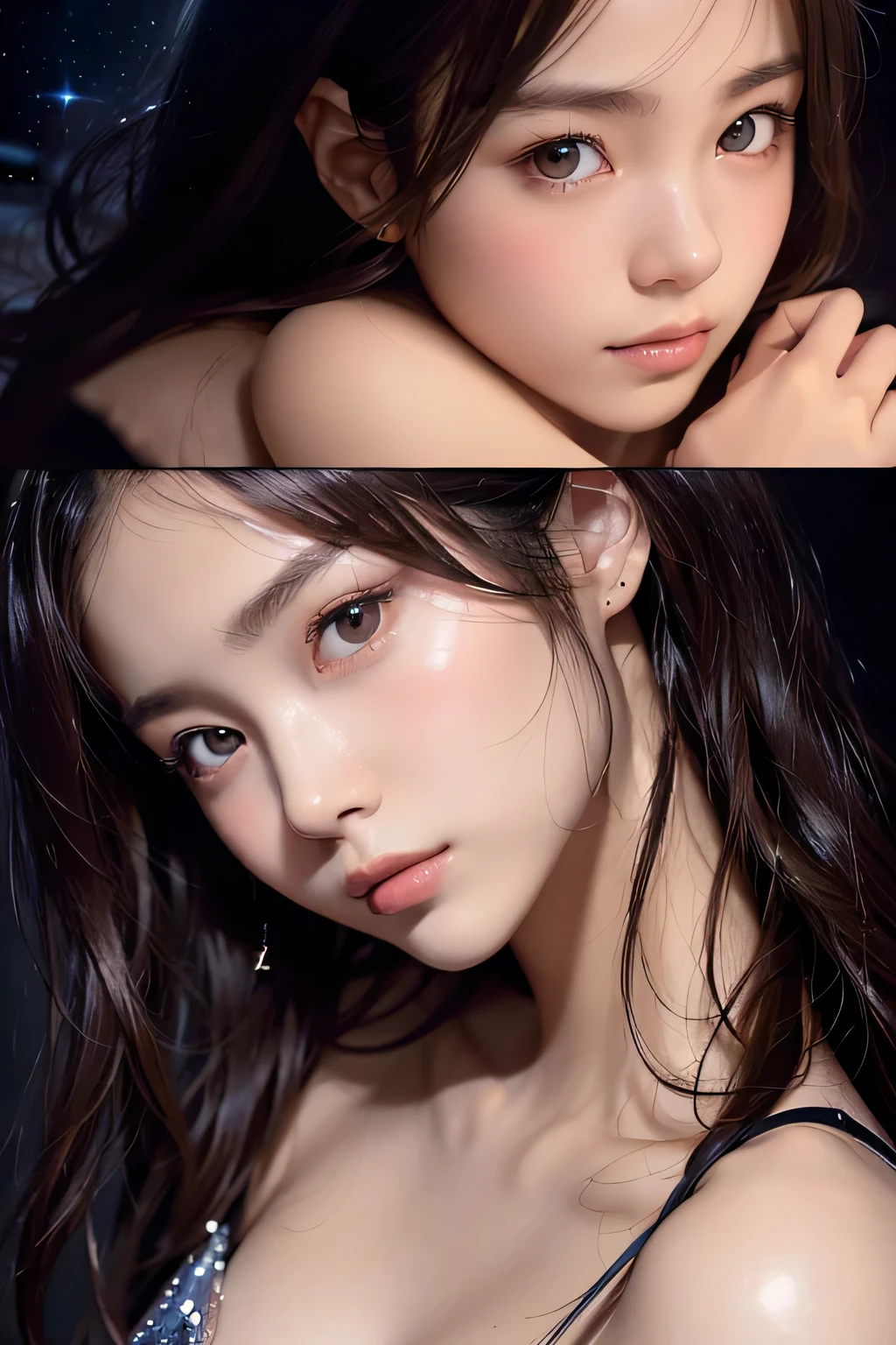 (Chiaroscuro:1.35)、masterpiece、Highest quality、8K、 (Face shot close up:1.33) 、1girl、()、Sad eyes、slim、slender、(Flat Chest:1.4)、Night Sky、Starry Sky、Shining Star、moonlight、romantic、colorful、Soft lighting、Gentle glow、Close Front