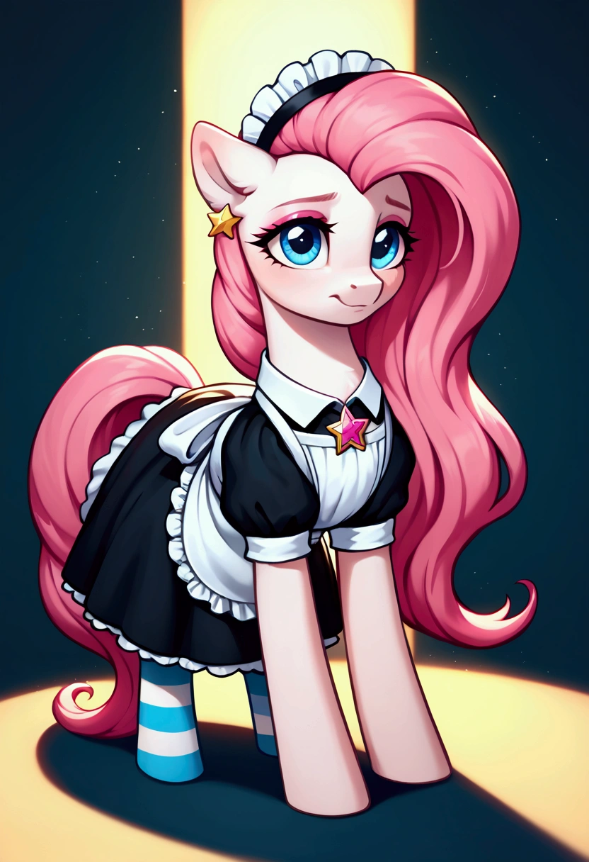 score_9,score_8_up,score_7_up,score_6_up, ((my little pony)), radiant lighting, vibrant colors, whimsical atmosphere, 8K, high resolution, highly detailed, masterpiece, (shy look), ((pony body)), ((brightness white body)), blue eyes, (maid costume), striped stockings, star pendant, earrings, eyeshadow, (very long pink hair:1.3), ((hot pose)), (devoted gaze)