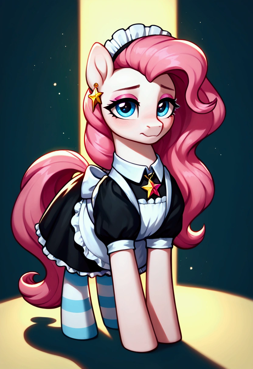 score_9,score_8_up,score_7_up,score_6_up, ((my little pony)), radiant lighting, vibrant colors, whimsical atmosphere, 8K, high resolution, highly detailed, masterpiece, (shy look), ((pony body)), ((brightness white body)), blue eyes, (maid costume), striped stockings, star pendant, earrings, eyeshadow, (very long pink hair:1.3), ((hot pose)), (devoted gaze)