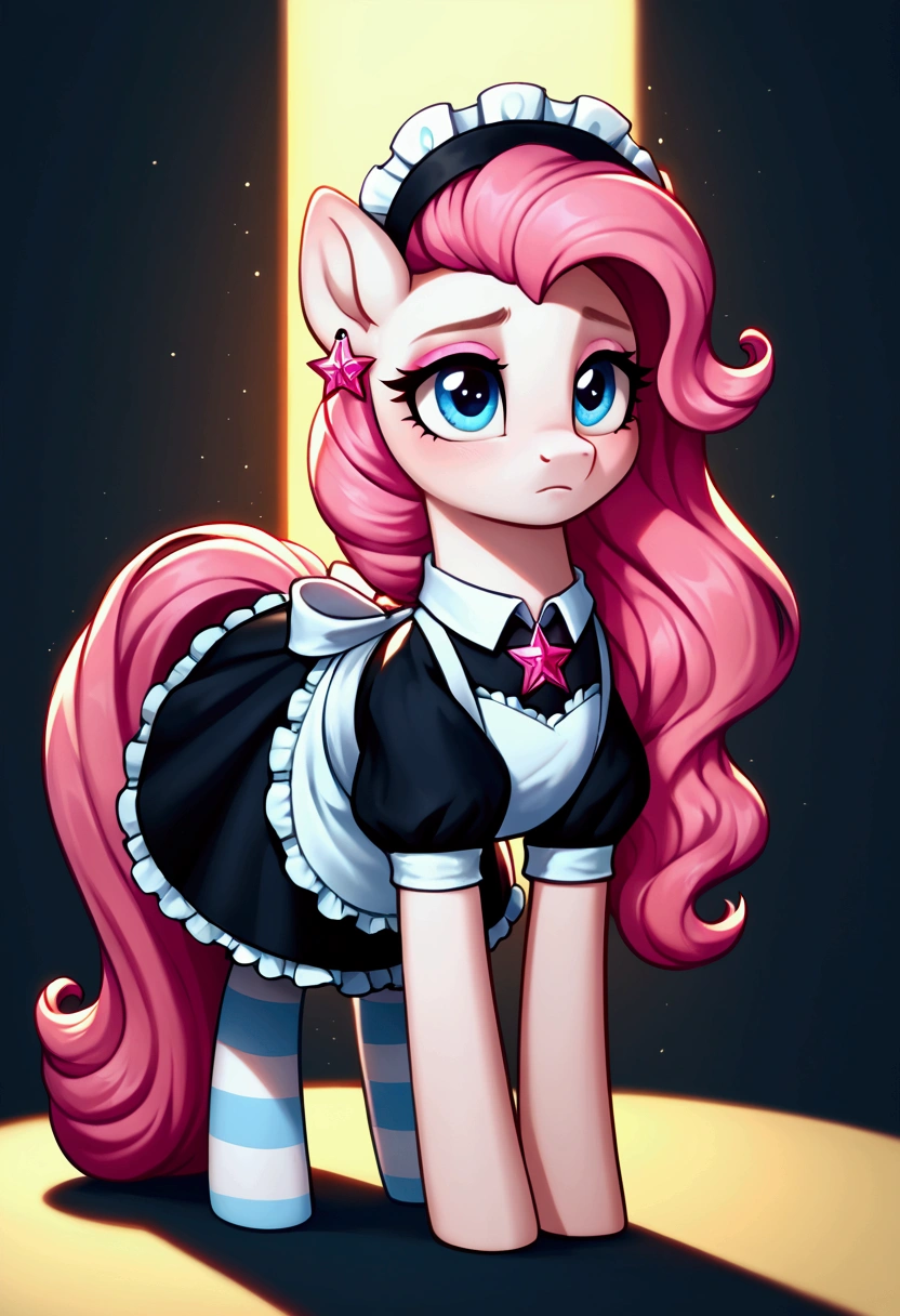 score_9,score_8_up,score_7_up,score_6_up, ((my little pony)), radiant lighting, vibrant colors, whimsical atmosphere, 8K, high resolution, highly detailed, masterpiece, (shy look), ((pony body)), ((brightness white body)), blue eyes, (maid costume), striped stockings, star pendant, earrings, eyeshadow, (very long pink hair:1.3), ((hot pose)), (devoted gaze)