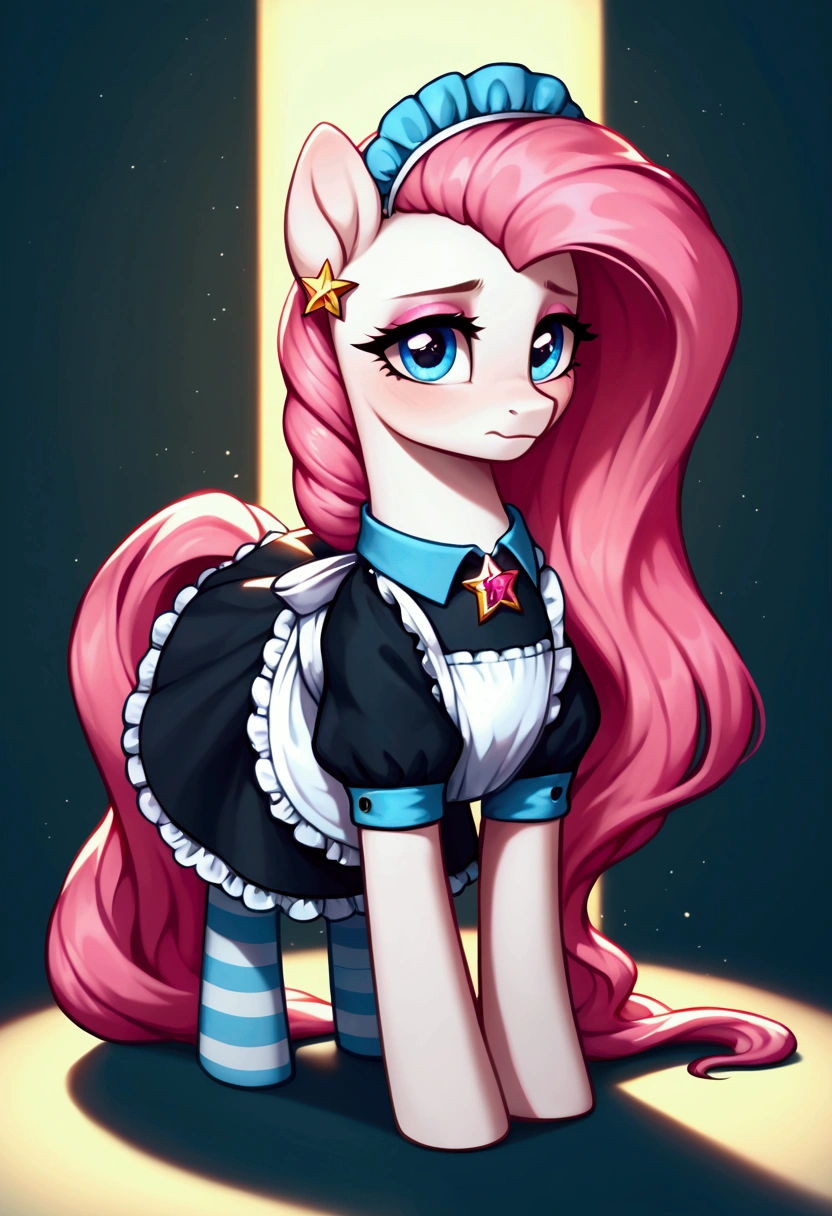 score_9,score_8_up,score_7_up,score_6_up, ((my little pony)), radiant lighting, vibrant colors, whimsical atmosphere, 8K, high resolution, highly detailed, masterpiece, (shy look), ((pony body)), ((brightness white body)), blue eyes, (maid costume), striped stockings, star pendant, earrings, eyeshadow, (very long pink hair:1.3), ((hot pose)), (devoted gaze)