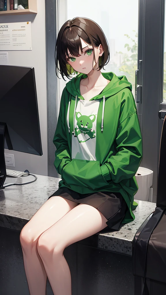 girl , green hoodie , white skin , beautiful , short brown hair , green eyes , sexy , sixteen years old