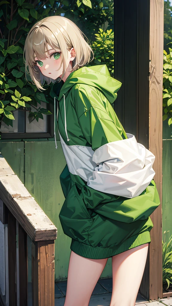 girl , green hoodie , white skin , beautiful , short brown hair , green eyes , sexy , sixteen years old