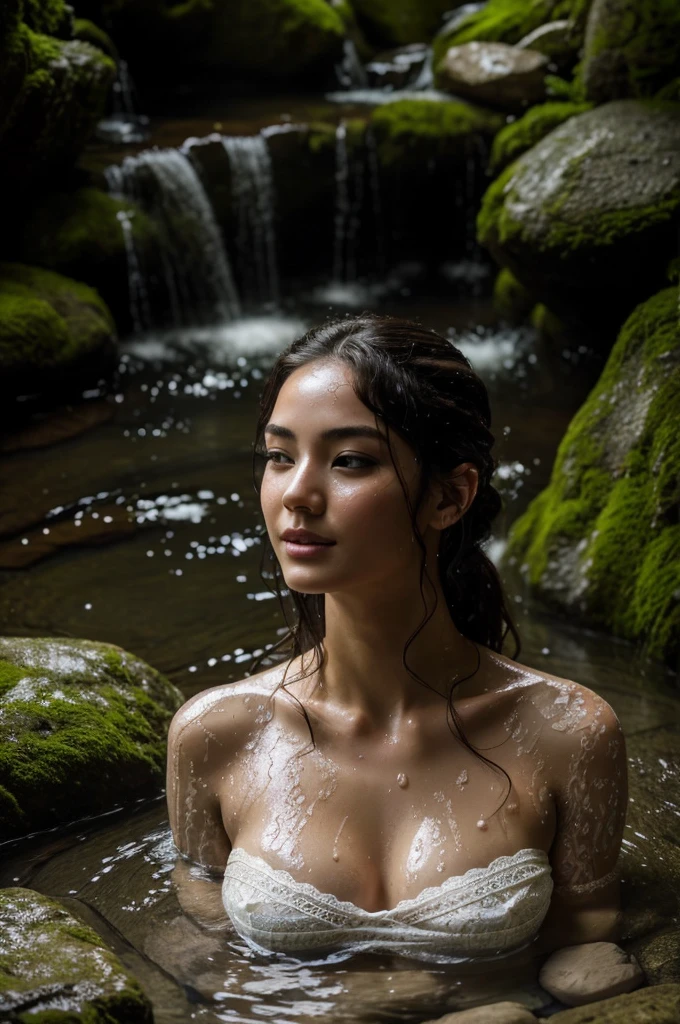 Best quality, masterpiece, super high resolution, a super model soaking in a hot spring in Japan, outdoor hot spring, stone hot spring, surrounded by moss and trees, super beautiful face, pure body, clear pores visible, (smile:0.8), wearing split (lace bandeau:1.2), (realism:1.5), original photo, soaked body, covered in sweat, bare shoulders, in the dark, deep shadows, low-key, cold light