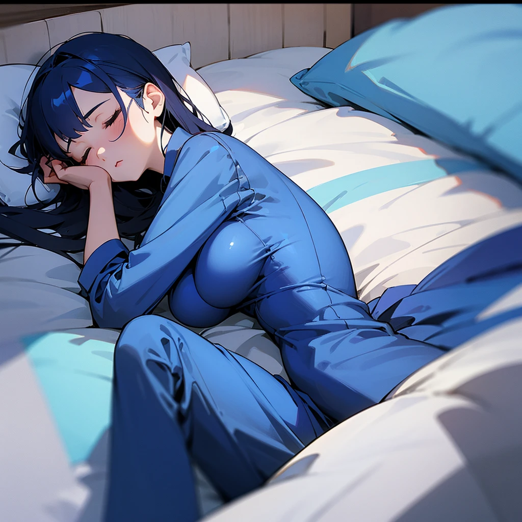 A sleeping girl 1.60 meters of dark blue hair, tight blue pajamas and very large breasts and she is a small girl