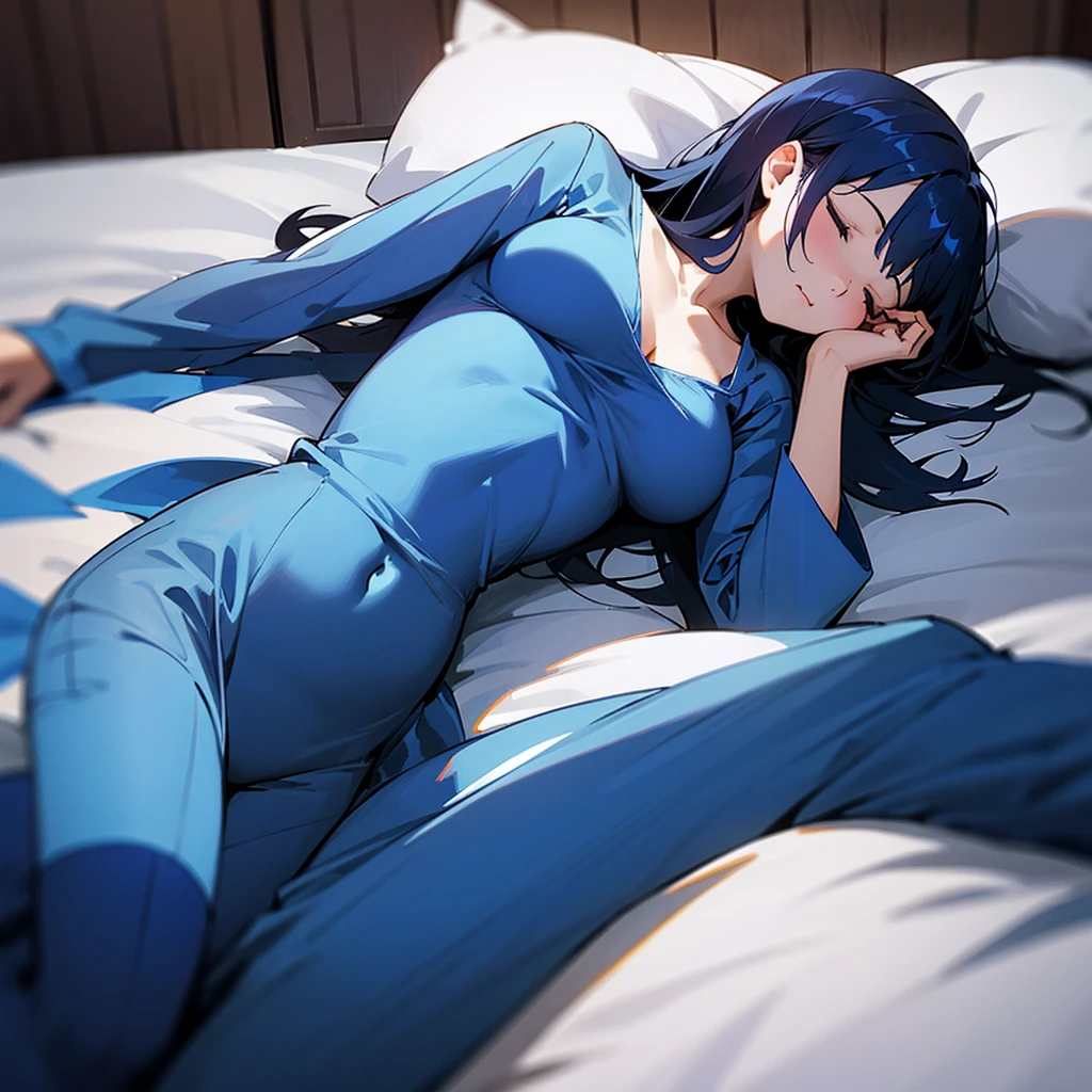 A sleeping girl 1.60 meters of dark blue hair, tight blue pajamas and very large breasts and she is a  girl