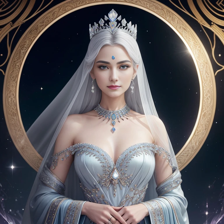 Lunarian, 28, female, pale moonlit skin, silver hair, cerulean eyes, elegant, royal crown, silver leaves, precious gems, flowing silks, metallic threads, lunar patterns, slender, graceful neck, ancient textiles, modern tailoring, sharp delicate features, high cheekbones, ethereal glow, crystal-adorned rings, opulent attire, moon maiden, enigmatic smile, waxing and waning energy, night sky gaze, compassionate ruler, wise, regal distance, intergalactic diplomat, beacon of strength, playful yet stoic, moon phase-influenced personality, gravitational grace, celestial elegance., soft focus, depth of field, 8k photo, HDR, professional lighting, taken with Canon EOS R5, 75mm lens