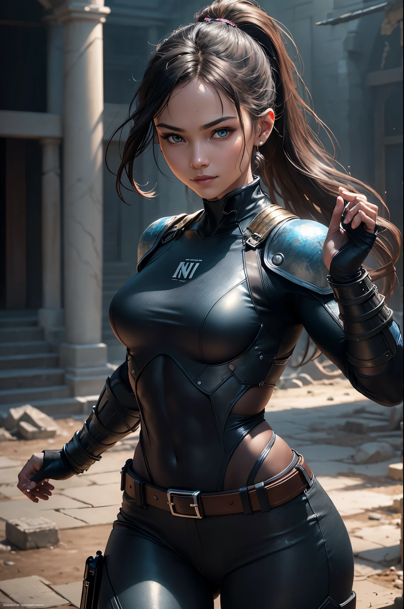 8K,younger sister,so beautiful(Like the real thing),Toned, muscular body,sexy,clear narrow eyes,black eye,Cool smile,Blue combat jacket,Black Shirt,Black combat pants,short,Compensate,Ultra-Realistic Skin,compensate,masterpiece,Photorealistic RAW photos of the highest quality。Bright colors,Rich colors, Backlight, Cinema Lighting, Film Grain, 50mm lens, Nikon D850,Detailed character art,Fantasy art,Ultra-high resolution,Ultra-Realistic Skin,Perfect hand shape,In front of the abandoned temple,Beautiful expression,close,Very small breasts,Muscular Beauty,Dynamic fighting pose,ponytail,