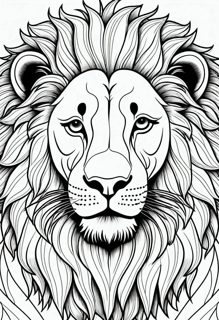 coloring page, Lion, cartoon style, thick lines, line art, in black and white.