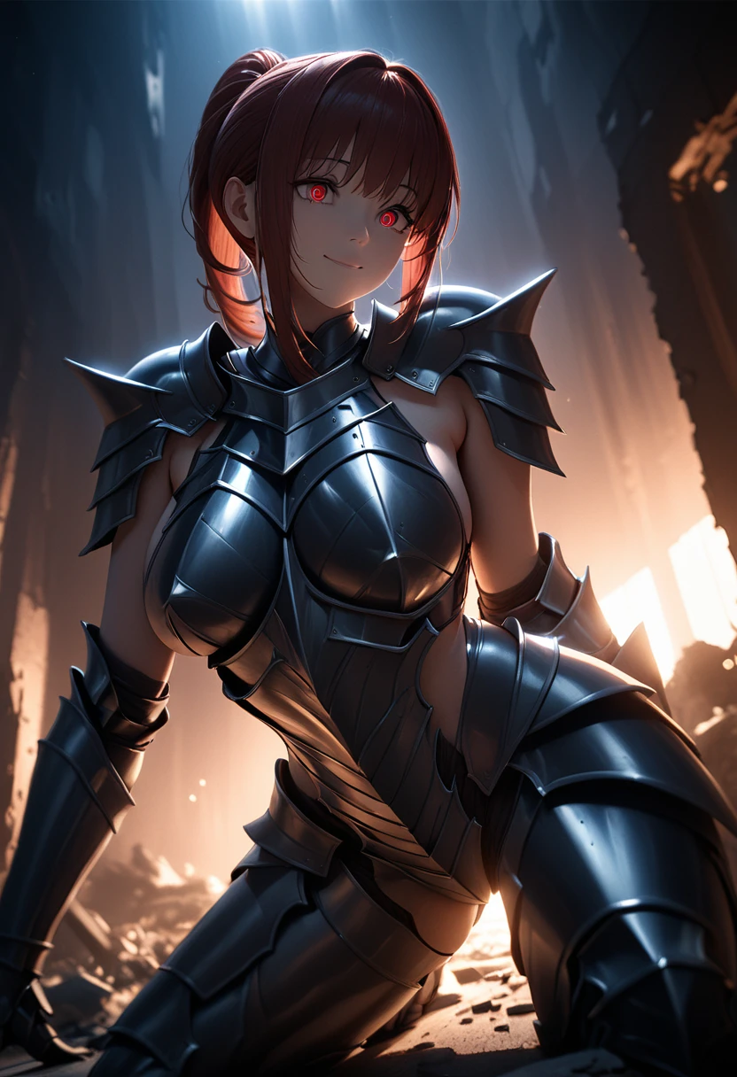 (masterpiece, top quality, best quality, beautiful and aesthetic:1.2), full body, SFW, extremely detailed, detailed face and eyes, detailed hands, cinematic light, depth of field, 1girl, seducing smile, solo, official, (full armored knight:1.4), black armor, makima, dark red hair, medium hair, ponytail hair, athletics body, cinematic lighting, dramatic lighting, dramatic atmosphere, hyper-realistic, high resolution, stunning contrast, high quality, best quality, 8k, 4k, intricately detailed, (amazing details:1.2), highly detailed skin, powerful presence, vibrant colors, (detailed eyes:1.2), striking eyes, (detailed background), (warzone on background, night, ruins), (dynamic angle:1.2), (dynamic pose:1.2)