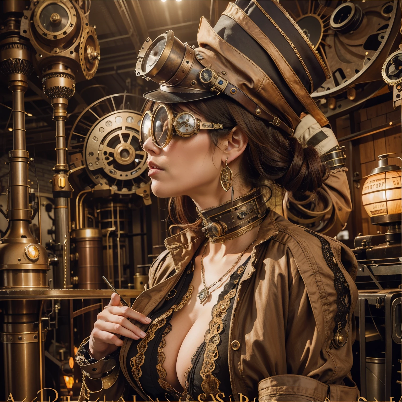 A beautiful steampunk woman with steampunk clothes in the foreground and a huge steampunk machinery mechanical in the background
