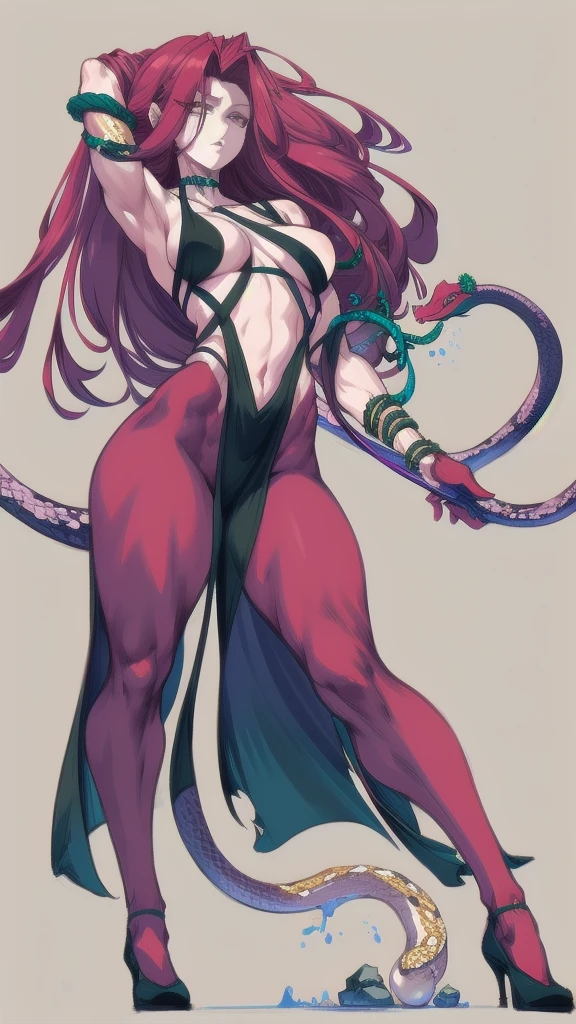 Full body image of a Medusa woman, full body in image, wearing ancient Greek-inspired outfit, long hair with snake-like features (serpent hair, stone gaze), female body, slender and intimidating body, dynamic pose, detailed pose, simple background, expressive face showing menace, focus on face, line art, sketch