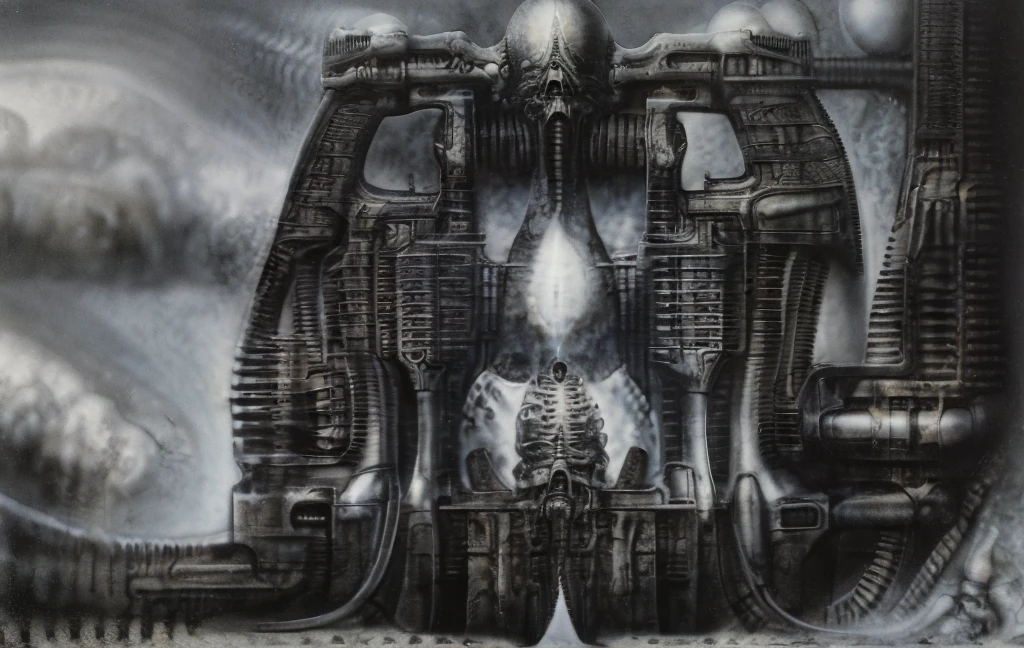 The image is a detailed view of H.R. Giger's biomechanical tableau \" Landscape XVI \" plate, featuring.
(airbrush painting, Giger's alien in front of broken alien ship in landscape, natural light, sharp focus, illustration, highly detailed, digital painting, concept art, matte, art by gric and kozhanov and moebius and Alphonse Mucha, masterpiece, HDR ,UHD , uplight, in HRGigerArhP style);1.
surrealistic painting of a monster with multiple tentacles and a body that looks like a brain, surrounded by a chaotic scene of swirling clouds and other monsters
 It's a complex network of bones and organs in eldritch color scheme:a greenish-brown hue ,swirling gery and brown colors. The artwork is silverish and green brown, with an ivory bones prominently displayed. The image is highly detailed and intricate, almost like a 3d version of a medical sketchwork.   
The piece is a tableau, most likely created with a India ink pen or pencil on paper, determined by the thin lines, shading techniques, and the texture of the paper, which is visible around the edges.
Used is pen, given the shading and variations in line weight visible in the image. Artist have used a variety of stylus with different degrees of hardness to achieve the shading effects.
 The use of undersaturated green-grays dark contrasts creates a stark and graphic look. Is used a variety of linework techniques to create different textures. Fine, parallel lines create a smooth, metallic texture,while thicker, more cursive lines suggest cables or wires.
Light source from the top highlights skeletals, pper part of foreground, lower part of image is in shadowupper part of foreground, lower part of image is in shadow.
The art performance showcases the artist’s skills in observation and rendering. The level of detail in the piece suggests a close study of real bone specimens and mechanics. The artist has skillfully used shading techniques to create a convincing illusion of three-dimensionality on a flat surface. The wrinkles 