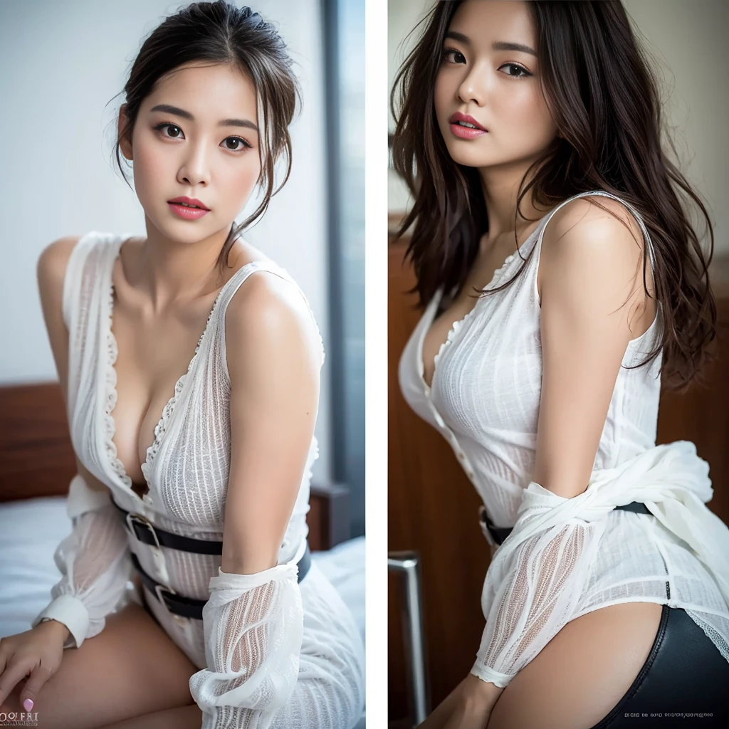 (masterpiece:1.3), (8K, Photorealistic, Original Photography, Top quality: 1.4), (1 Girl), Beautiful woman with perfect body:1.4, Cute face, Beautiful face, (Lifelike face), Beautiful hairstyle, Realistic eyes, Beautiful details, (Real skin), Beautiful Skin, Tempting, Ultra HD, Surrealism, Very detailed, (Small:1.3), (Cleavage:0.8)、White Button-Down Shirt、belt、Black leather bodysuit、Like Emily O'Hara Ratajkowski Japan, semi-long curly hair、Bangs、(Brown hair、1.3)、(Slim body))、Small尻、(Small而美的模特姿势、Standing
