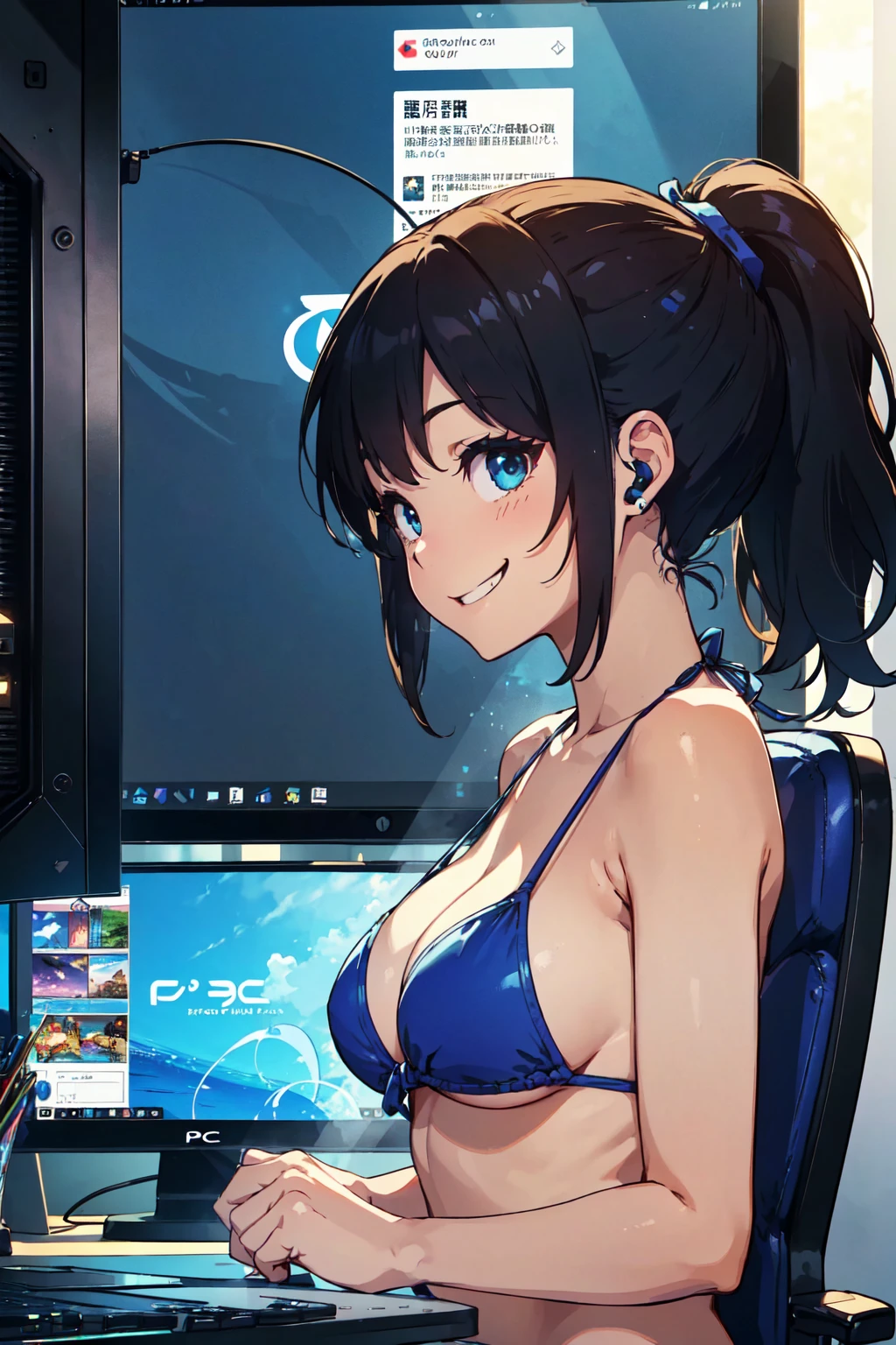 (Grinning in front of the PC screen:1.3), Sit in front of the PC, youtuber, delivery, summer, room, (Girl in blue bikini:1.1), (detailed eye:1.3), (Side view:1.3), ponytail, Earphone microphone, Leaning forward, Gestures, Uplifting, Disheveled Hair,