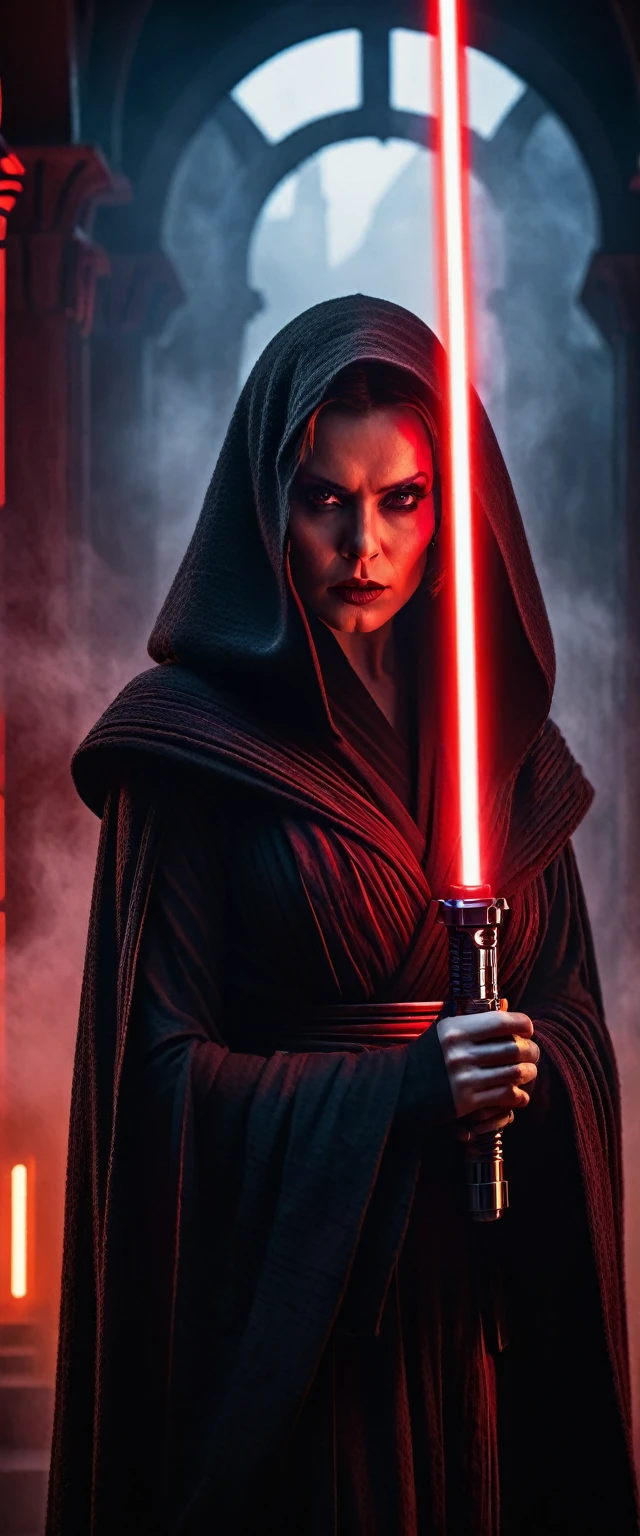 a female Sith lord in a dark, cinematic Star Wars setting, highly detailed, dramatic lighting, volumetric fog, dramatic camera angles, intricate costume design, glowing red lightsaber, intense facial features, piercing yellow eyes, fierce expression, flowing black robes, gothic architecture in the background, moody color palette with deep shadows, cinematic composition, photorealistic, 8k, hyper-detailed