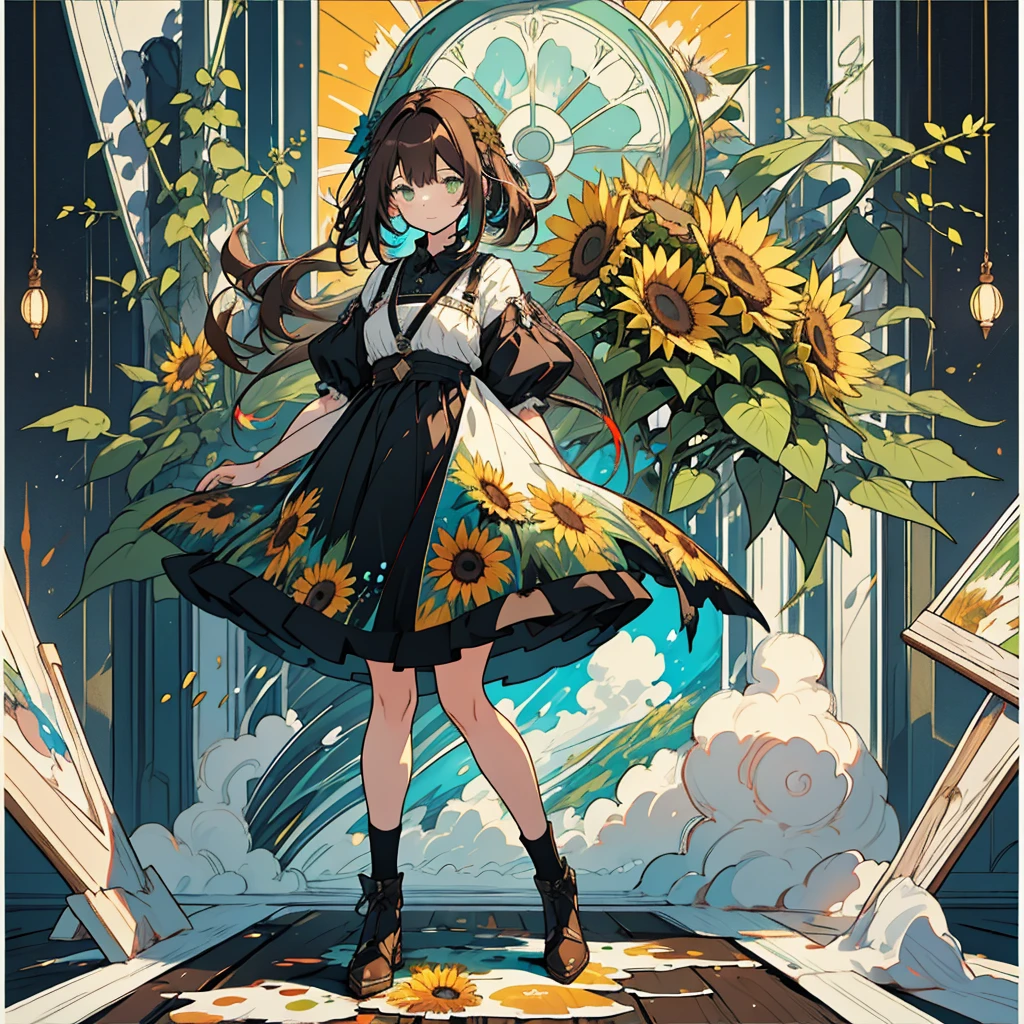 kawaii, anime, Cute, hyper quality, highly detailed, 16k, Front facing, Clarity, full body, one girl, stain the whole thing with colorful ink, brown long hair, green eyes, paint color, countless sunflowers, surrounded by sunflowers, Trapped inside a Van Gogh painting, ephemeral, paint, paint, brush, live inside the canvas, art supplies, oil, wonder, mysterious, rainbow colored sunflowers, Richly colored, Brightly colored sunflowers, highlight on eyes, long hair, splattered ink, scribble, countless handwritings, color palette, dark brown hair, long hair flowing, Draw eyes clearly, art, taken in by sunflowers,