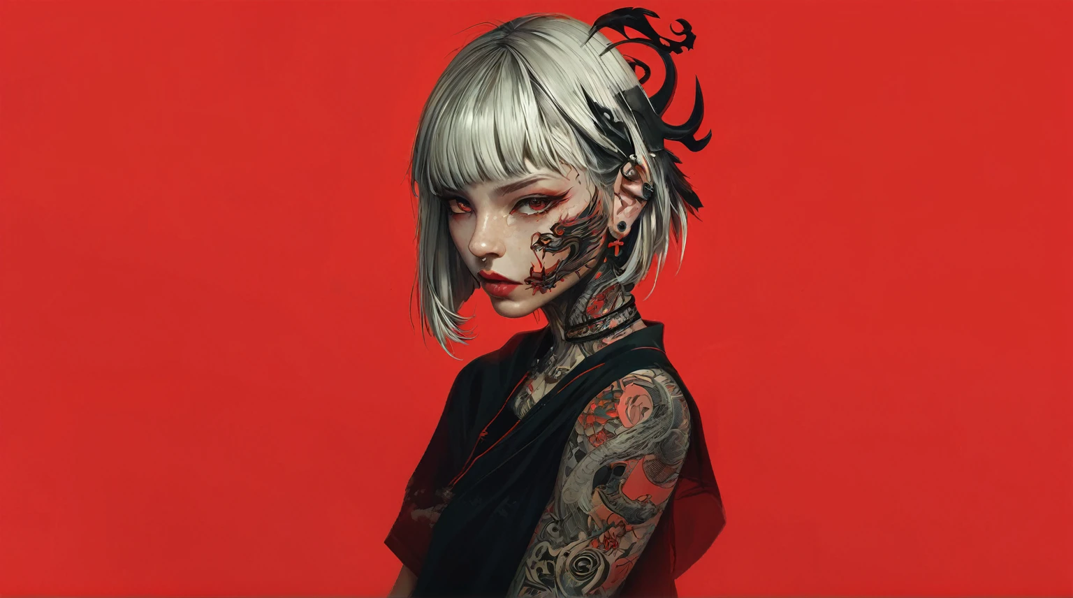 puffy woman with a tattoo on her face and a black dress, portrait of demon girl, inspired by Yanjun Cheng, non-style artwork by guweiz, a beautiful art illustration, digitalpainting | intricate, stunning digital illustration, demon girl, cyborg - girl with silver hair, beautiful cyberpunk girl face, deviantart artstation cgscosiety