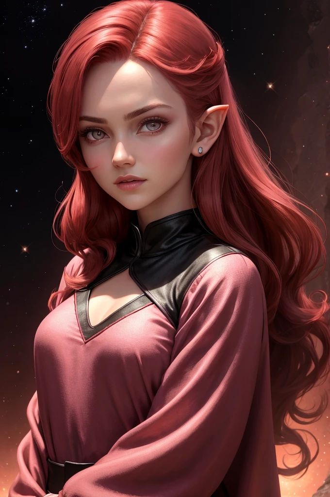 1 , eleven, pointy ears, universo background olho estrela, blush, Perfect outfit, Red hair, Eyes red, Illusion Engine, sidelights, face detailed, bangss, shining skin, simple background, darkness background,
