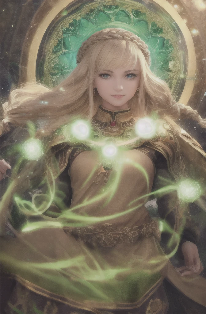 best quality, masterpiece, upper body,
(adult:1.6) ukrainian woman, (smirk:0.4), 
braided blonde hair,
emerald eyes,
medieval sundress,
 floating light particles, centered, 