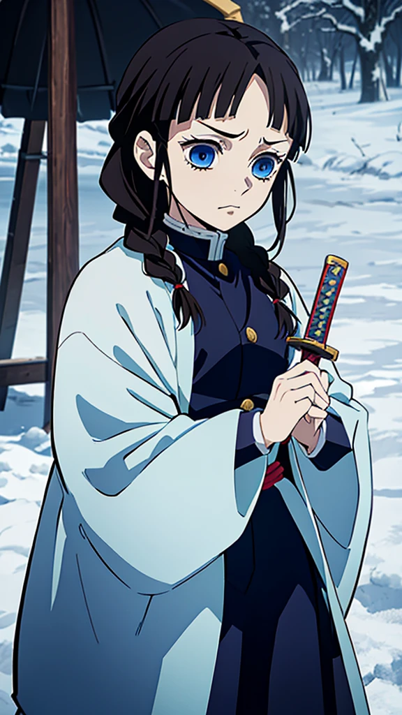 Kimetsu no Yaiba style, 1 mature, girl, blue eyes, a hashira, pretty, long dark brown hair in braids, curtain bangs, annoyed expression, noble, Pillar Demon Slayer, holding a sword, wearing demon slayer uniform, holding a blue demon slayer sword, dark and snowy background