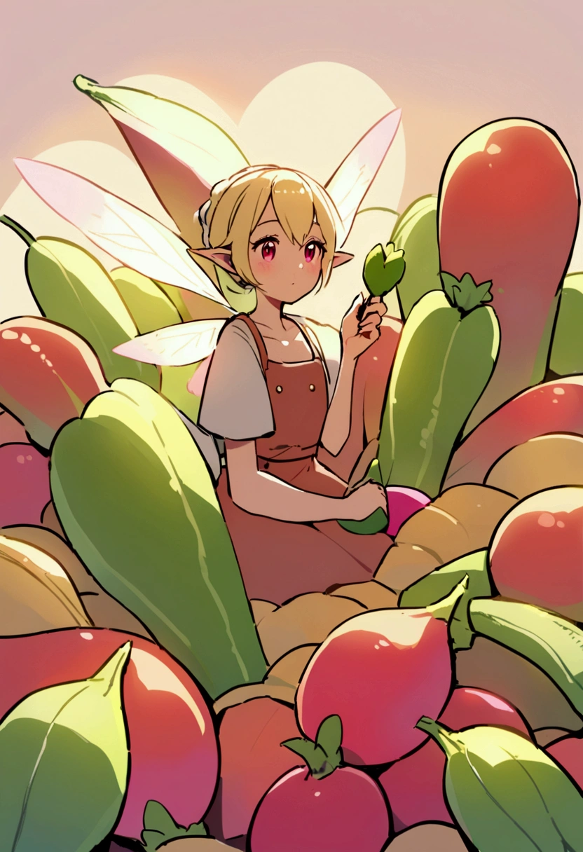 a fairy flying over a pile of Radishes , holding one Radish on her hand
