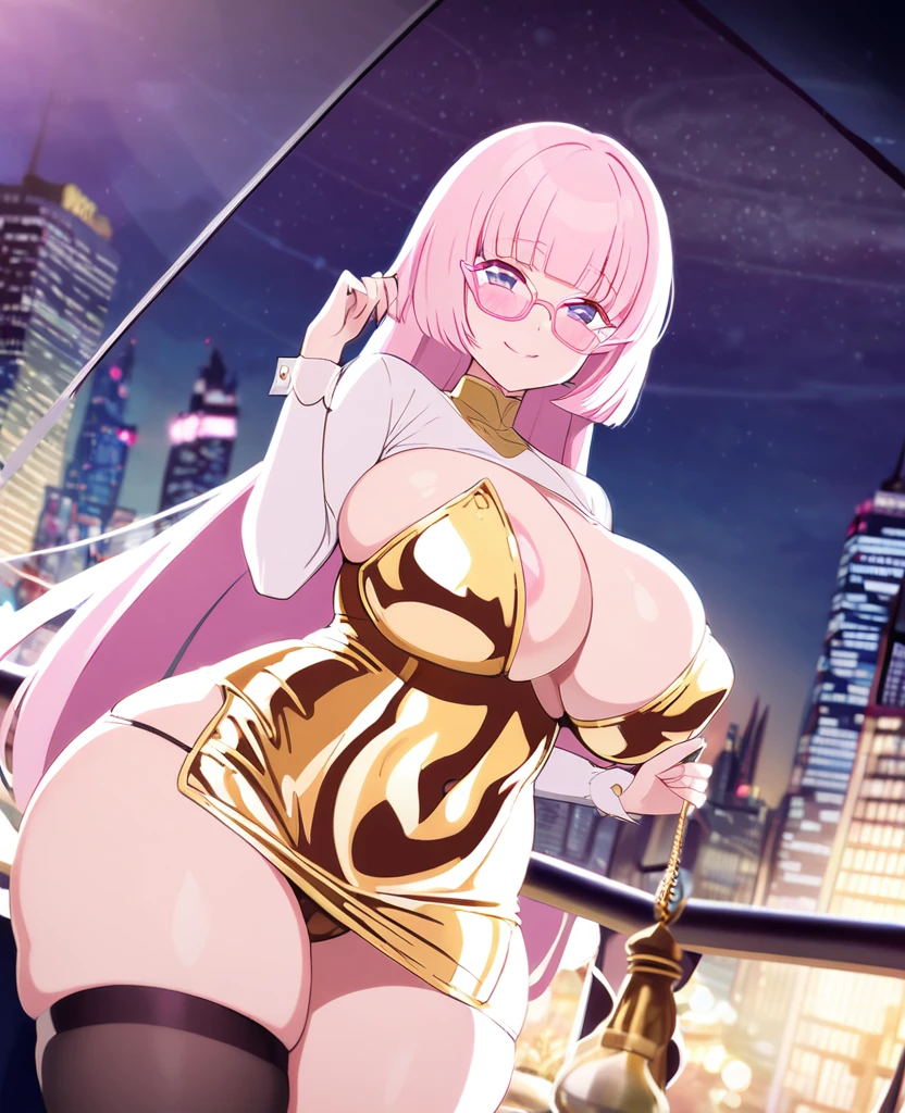 MILF, light pink hair, hime cut, long hair, erotic gold bodycon, J cup breast, thicc thigh, hourglass figure, nighttime city, clear view, charming smile, pink love shape glasses 