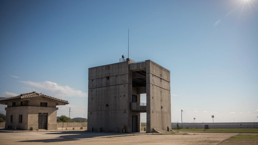 high,Military watchtower made of dark concrete.,