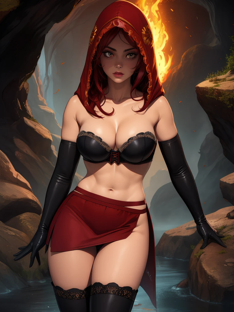 Dsorceress, redhair, shadowy face,dark cave, fire, hood, shadowed face, strapless bra, slim and athletic body, miniskirt, no panty, elbow gloves, dark skin, 1 girl (insanely detailed, masterpiece, best quality)
