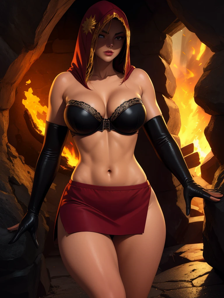 Dsorceress, redhair, shadowy face,dark cave, fire, hood, shadowed face, strapless bra, slim and athletic body, miniskirt, no panty, elbow gloves, dark skin, 1 girl (insanely detailed, masterpiece, best quality)