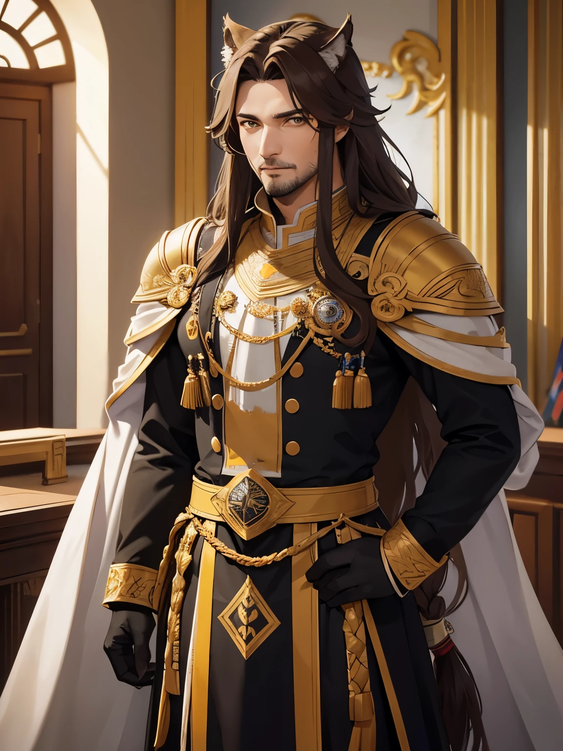 Wolf king, male,40 years old,long hair,brown hair,yellow eyes,ultra detail,standing,talking,In the headquarters room