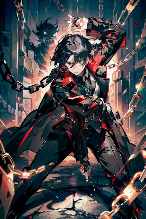 1man, confident, wearing black trench coat with chains, red long sleeve shirt, black vest, long black pants, black hair, short hair, face to detail, detailed eyes, black eyes, holding playing card, in a fighting pose, absurdres, high res, ultra sharp, 8k, masterpiece