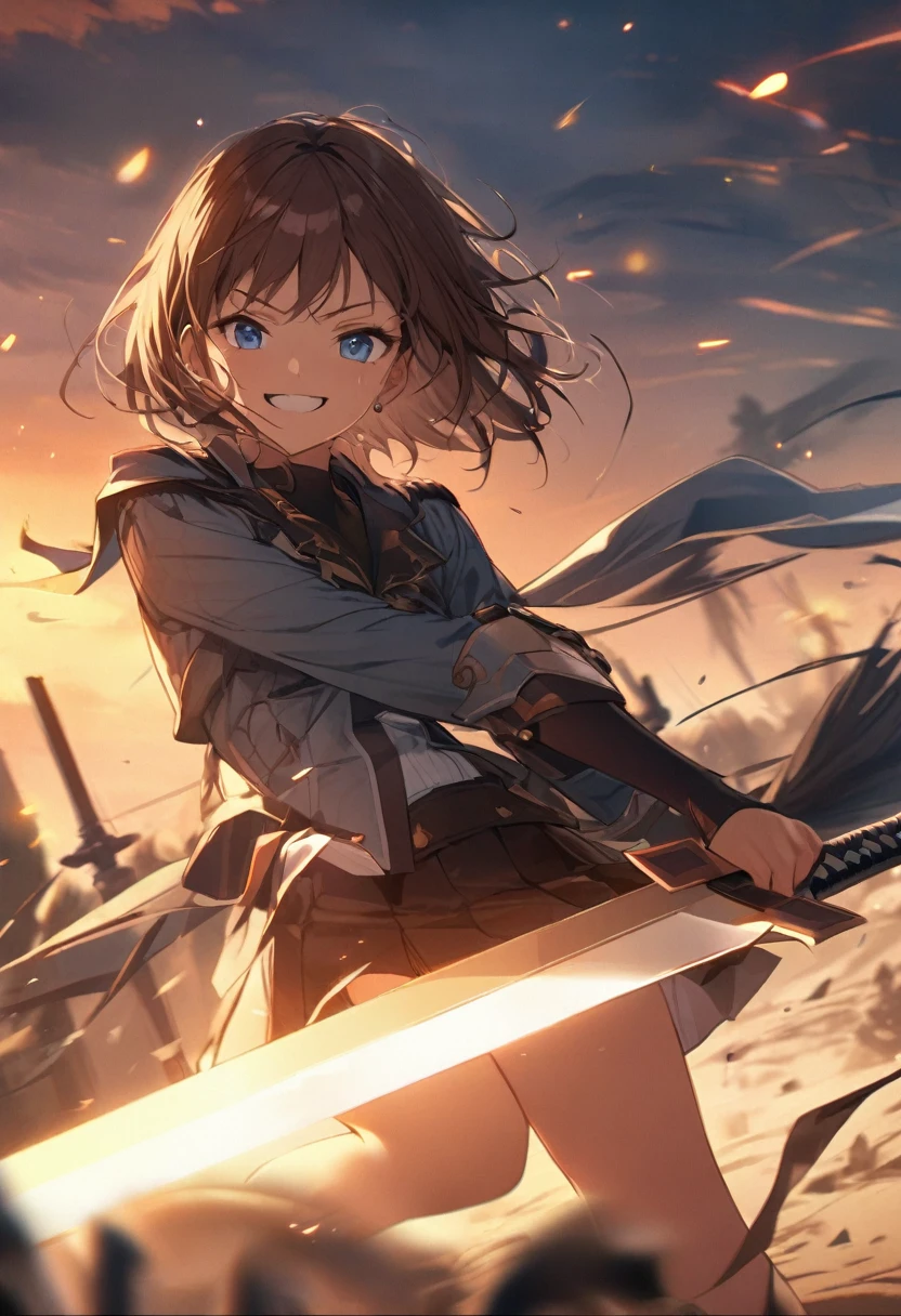 Brat, ((masterpiece)), High resolution, 、girl、 Brown Hair、Short Bob、((smile、Grin))、Excited、Sweating all over the body、Bright Blue Eyes、smile、((Grin))、Earrings、(((Holding a long sword、Cut in half)))、(((Shine)))、((Deathblow、mystery))、Sparks fly、Disturbed、Light、Strong winds、highlight、Motion Blur、Simple armor(mini skirt、wind lift:1.0)、Shallow depth of field、((Shine星空、dusk))、final battle、tense、Fantastic、Powerful combat、Fight like a dance