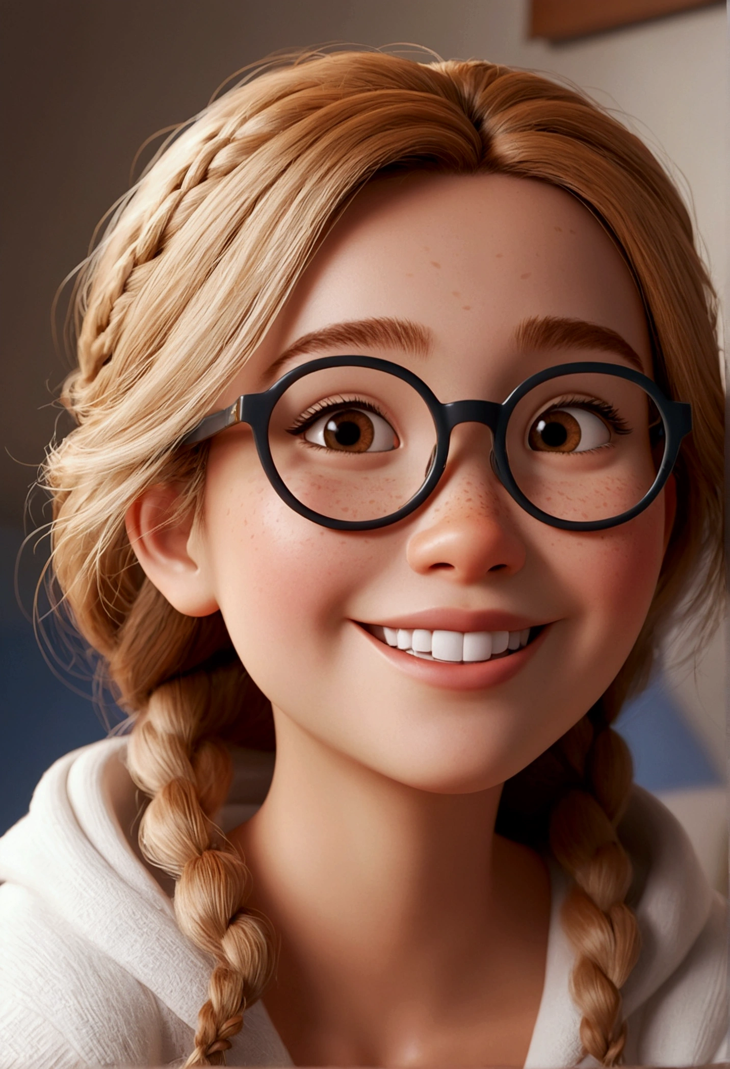 Image de style pixar avec personnage 3D lunettes blanches femme blanche cheveux longs et bouclés, Maquillage disney,fisherman, mignon, smiling ,close, pixar, disney, Cinema lighting, Light brown eyes. with bed