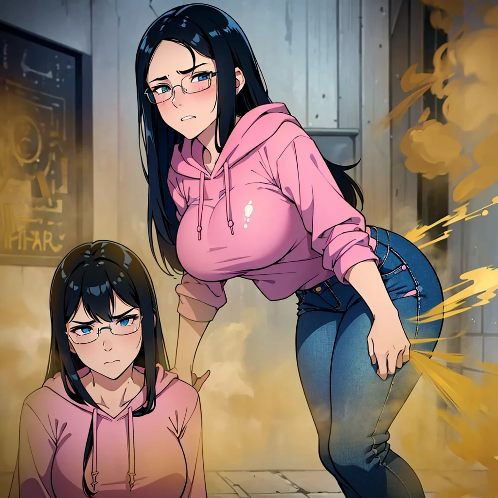 ((1female)), 20-year-old female, In underwear、a cardigan over own shoulder, closed eyes, open mouth, blush, wearing round glasses, Black short Hair、massive fart, yellow smoke, yellow gas, bend forward, bending body, leaning, hand on stomach, toilet, TEXT:FLLLLLRRRRRPT!!!