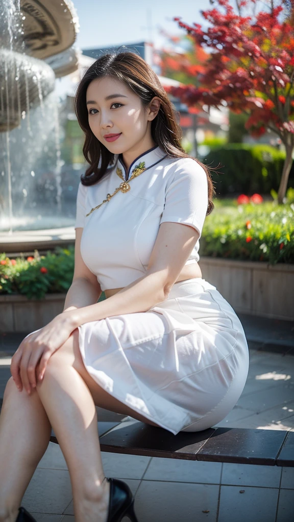 Height 1.88 meters,Calm and indifferent fat woman ,Oval face, ((best quality)), ((masterpiece)), (detailed), , Wearing a red cheongsam and pleated skirt, Thin waist and thick hips, Soft curves, hyperPractical full figure, Wearing a cute top, Long legs,,thickness, Beautiful plump woman, A woman with beautiful curves*****Target,Clear curve details, Curvy hourglass figure, Charming plus size models, bbw酱, full image, Surface Model, Curvy body, (full-body shot)blush, 1girll fat , Golden Ratio,(White and tender skin:),High quality background, HD, Practical, HDR. pedestrian mall,Skin as white as paper,High heel,Sit on a slate,Flowers