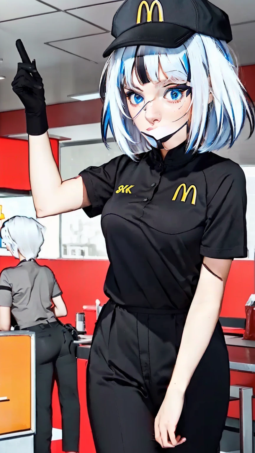 a beautiful young girl in a fast food restaurant uniform, cleavage and thighs showing, detailed facial features, perfect skin, beautiful eyes and lips, elegant pose, 8k, highly detailed, photorealistic, cinematic lighting, warm color tones, digital art