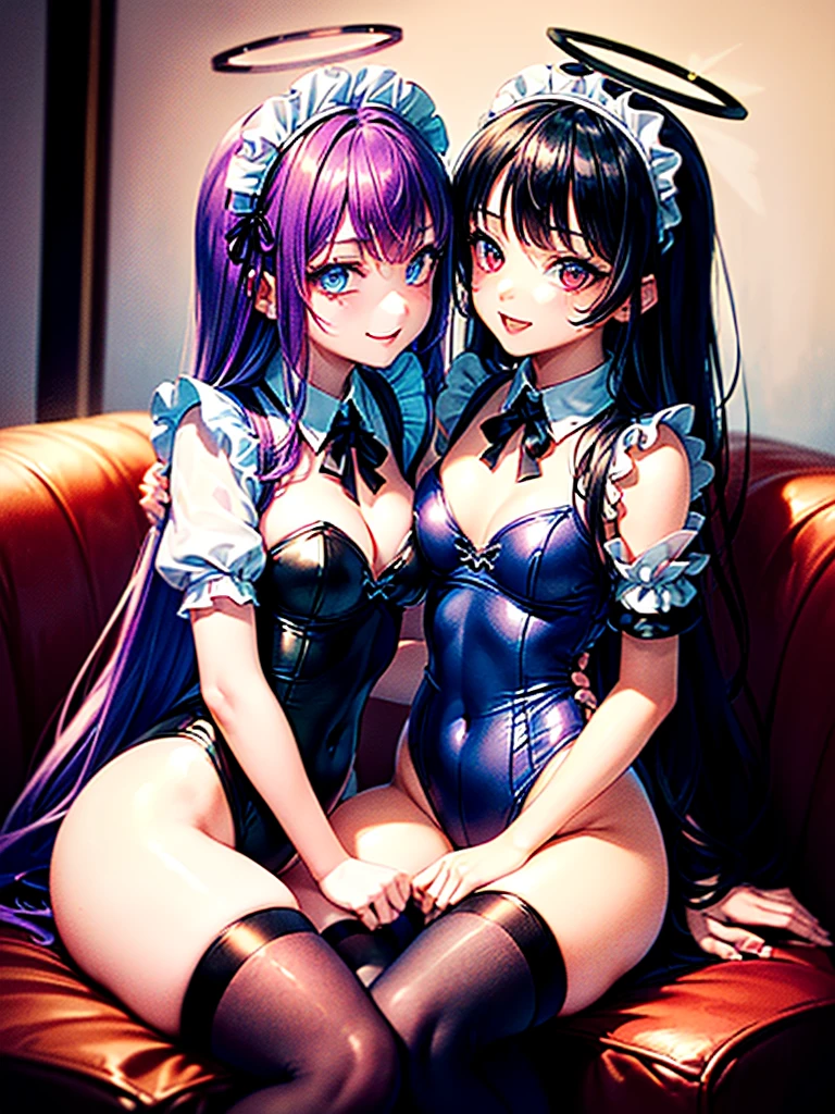 Highest quality,Highest Resolution,(((A beautiful girl with blue eyes and black hair in a maid leotard)))and(((A beautiful girl with red eyes and purple hair in a gothic ta leotard)))are having sex in the sitting position,kiss,saliva,(((Halo))),smile,Frills,Knee-high stockings,Camera from a distance,