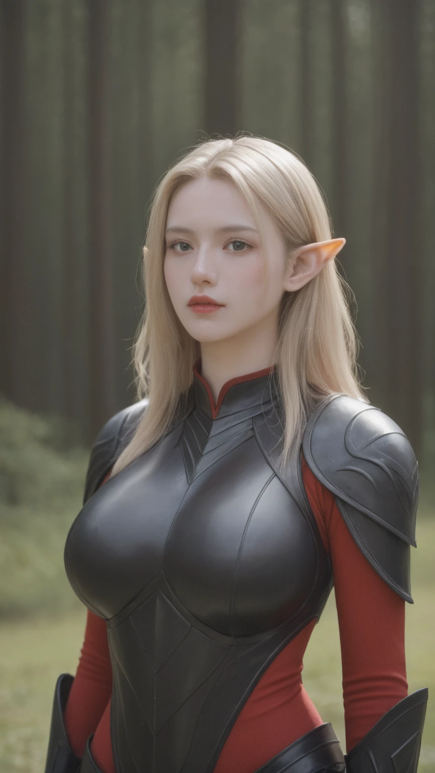 realistic,score_9, score_8_up, score_7_up,
upper body, a beautiful elf, Adriana Malkova, delicate filigrane Black armor, huge breasts, perfect body, blondes, length hair, outside, Skin texture, ultra high resolution, Nikon D850, Contre-Jour, rim light, bright sunlight, film grain, warm hue, warmer Ton,color photo, Fantasy, in a red dream world, red forest, in a red forest, amazing depth, red mood in background, shades of red, photography,sexy pose,colorful skins,
