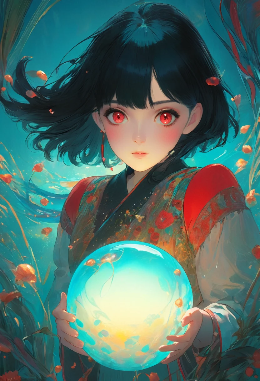 (masterpiece, Highest quality:1.2), a girl with black hair, red eyes, artwork, holding a translucent ball, extravagant and illustrative, dreamy color palette, cyan and amber, cinematic lighting, best quality, high quality, intricate, absurdres, very detailed, extremely high resolution, depht of field, 8k, Studio Ghibli.