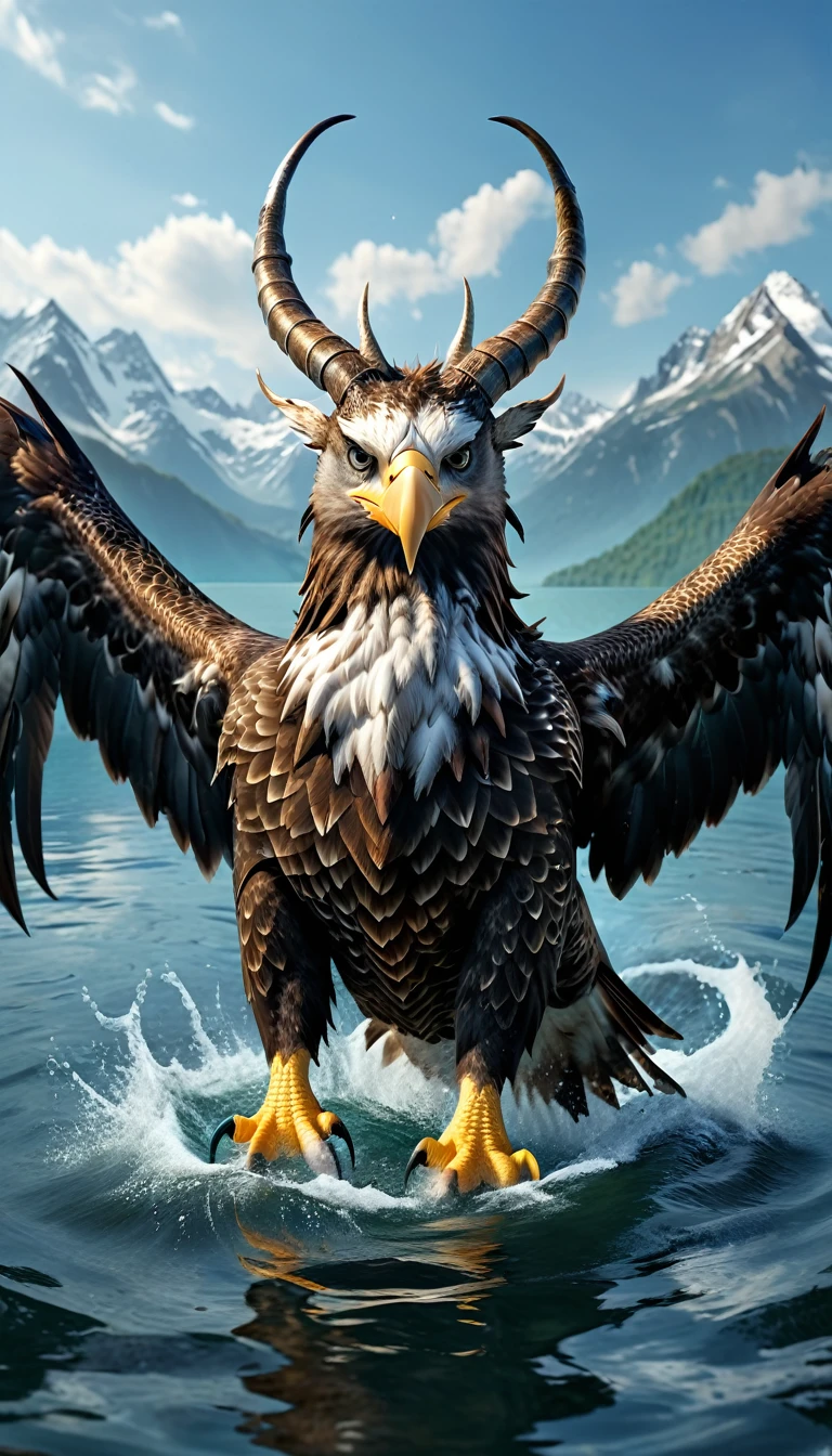 Panorama，There is a beast in the water，Looks like an eagle，The head has double horns（best quality，4K，8K，High level，masterpiece：1.2），Ultra Detailed，（lifelike，Photo real，Photo real：1.37），Highly detailed animals，Complex patterns，Realistic lighting，Fantasy Creatures