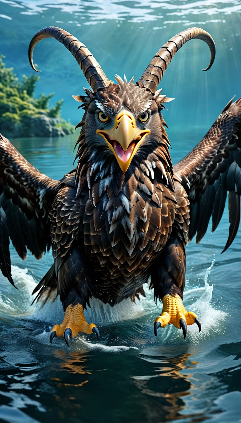 Panorama,There is a beast in the water,Looks like an eagle,The head has double horns(best quality,4K,8K,High level,masterpiece:1.2),Ultra Detailed,(lifelike,Photo real,Photo real:1.37),Highly detailed animals,Complex patterns,Realistic lighting,Fantasy Creatures