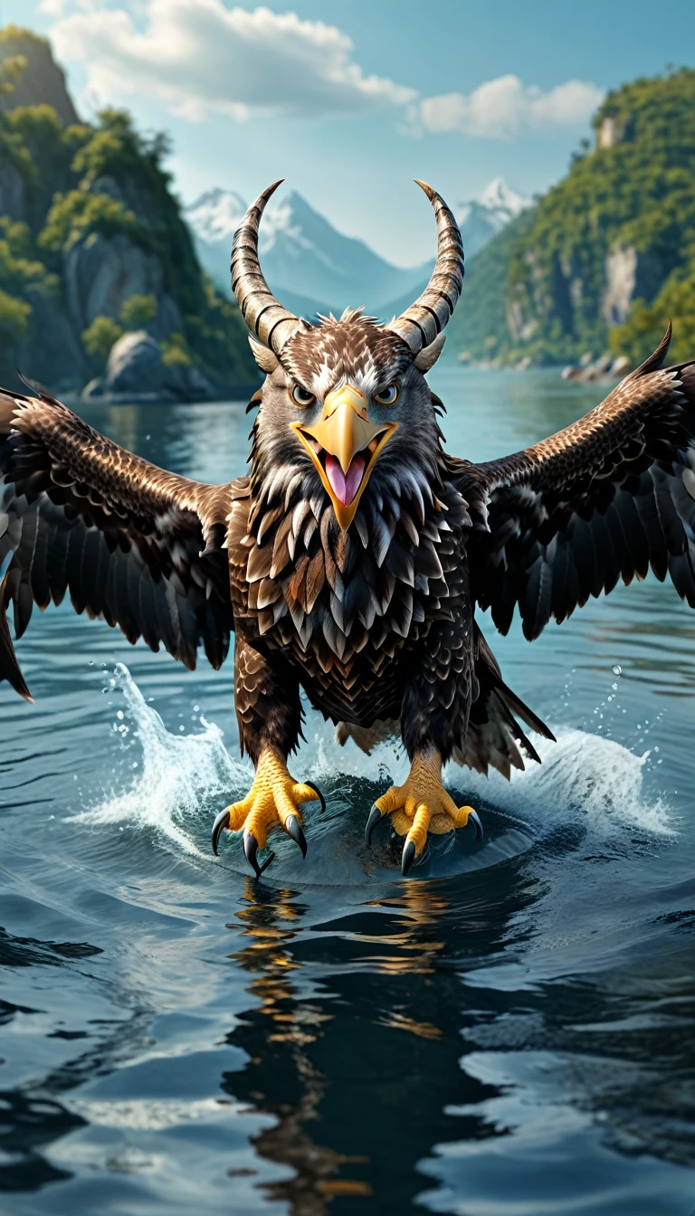 Panorama，There is a beast in the water，Looks like an eagle，The head has double horns（best quality，4K，8K，High level，masterpiece：1.2），Ultra Detailed，（lifelike，Photo real，Photo real：1.37），Highly detailed animals，Complex patterns，Realistic lighting，Fantasy Creatures