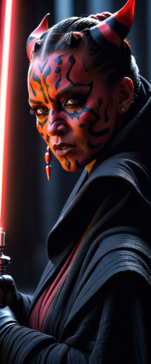 cinematic star wars, female darth maul, (best quality,4k,8k,highres,masterpiece:1.2),ultra-detailed,(realistic,photorealistic,photo-realistic:1.37),intricate details, dynamic pose, dramatic lighting, intense colors, cinematic composition, sci-fi setting, dark fantasy, glowing lightsaber, flowing robes, piercing eyes, fierce expression, muscular build, (female character:1.4), elegant headdress, powerful presence