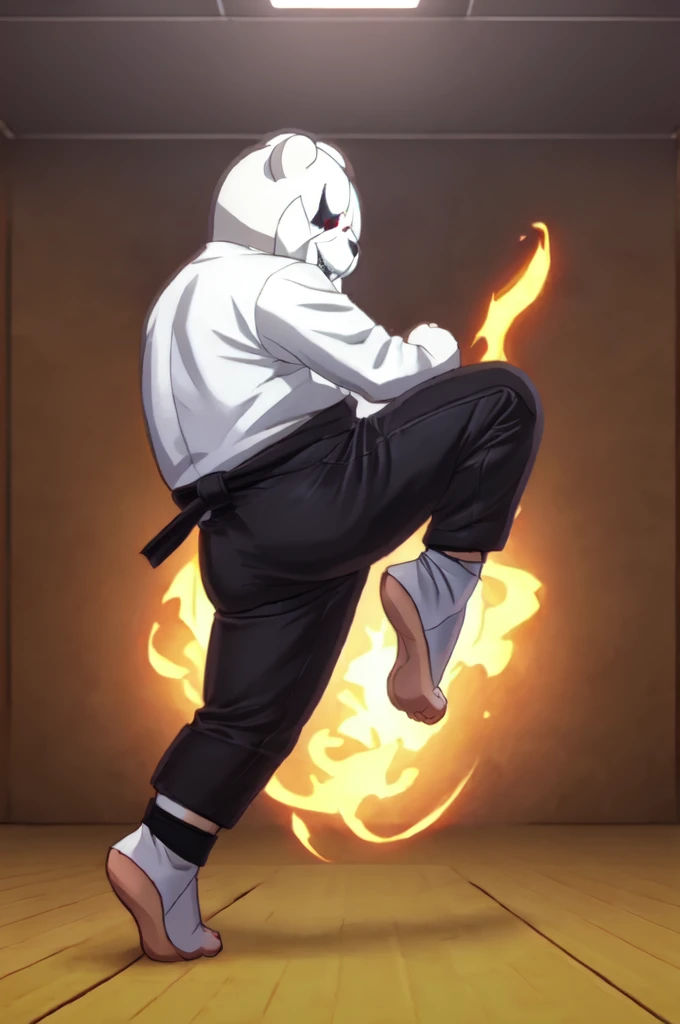 (((Barefoot furry character, full body, cinematic setting, furry male, plantigrade)))

(((monokuma))), bear, grin, teeth, half black and half white, judo, blue kimono, (((ankle braces))), (((martial art footwear)))

BREAK, masterpiece, ((detailed background)), ((dynamic background)), 8K, (masterpiece:1.5), intricate details, highly detailed, extreme detail, octane render, unreal engine, fine art, best quality, highres, (detailed face:1.5), ((full_body)), UHD, (((perfect hands))), low light, set at night