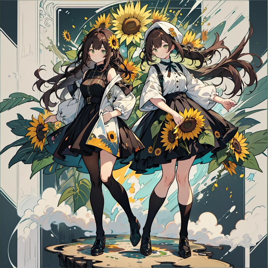 kawaii, anime, Cute, hyper quality, highly detailed, 16k, Front facing, Clarity, full body, one girl, stain the whole thing with colorful ink, brown long hair, green eyes, paint color, countless sunflowers, surrounded by sunflowers, Trapped inside a Van Gogh painting, ephemeral, paint, paint, brush, live inside the canvas, art supplies, oil, wonder, mysterious, rainbow colored sunflowers, Richly colored, Brightly colored sunflowers, highlight on eyes, long hair, splattered ink, scribble, countless handwritings, color palette, dark brown hair, long hair flowing, Draw eyes clearly, art, taken in by sunflowers,